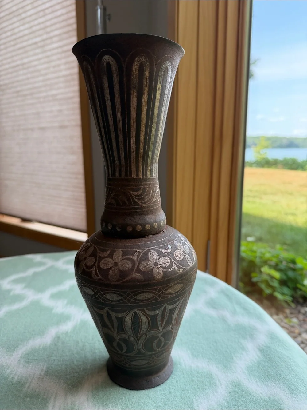 Vintage Black Brown Oxidized Metal Vase Floral and Stripe Etched  - Home Accent